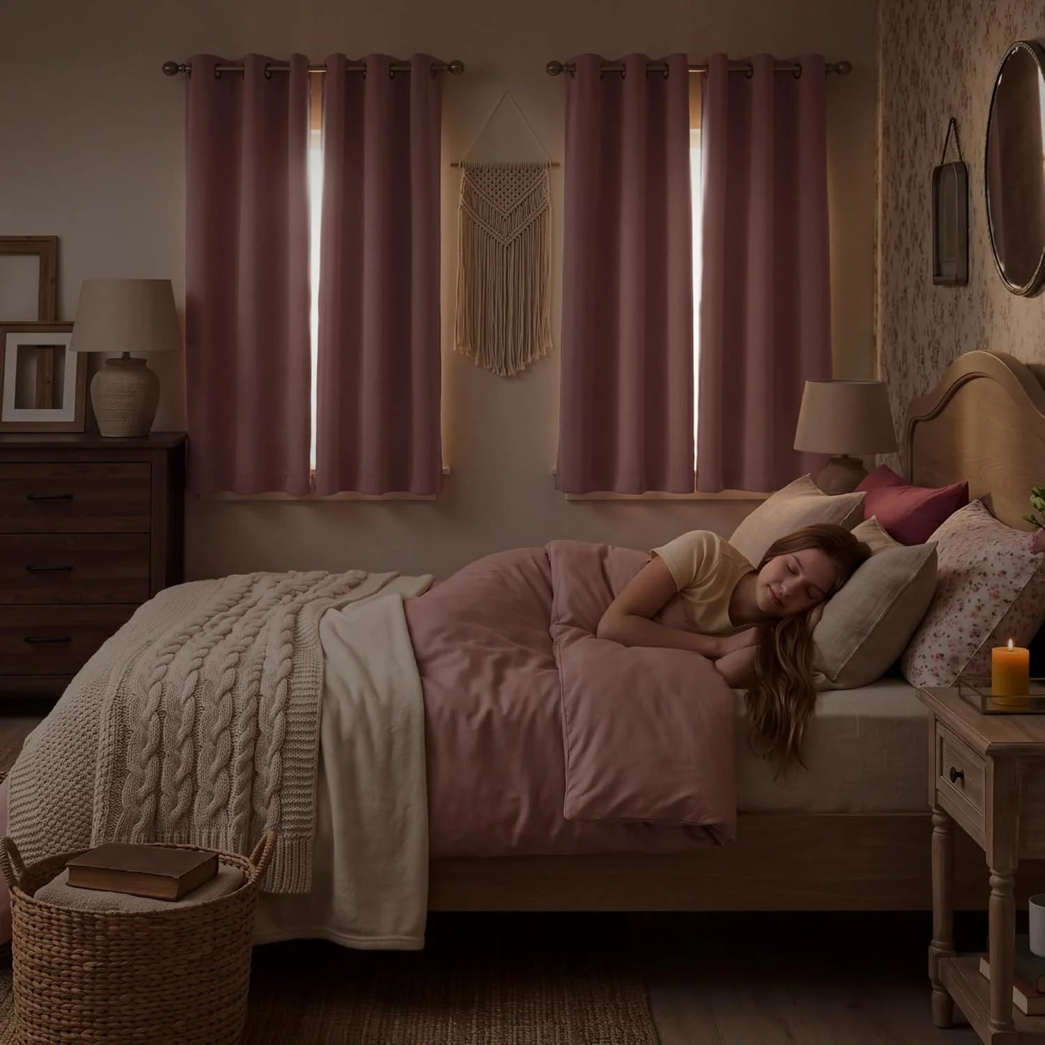 Young woman sleeping soundly in a cozy bedroom with soft pink blackout grommet curtains drawn at dusk.