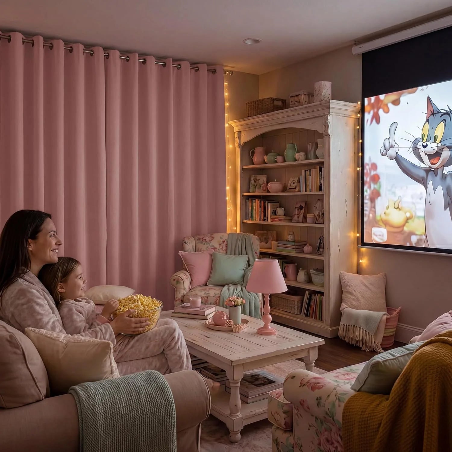 Mother and child watching a movie with popcorn in a cozy living room with pink blackout curtains.