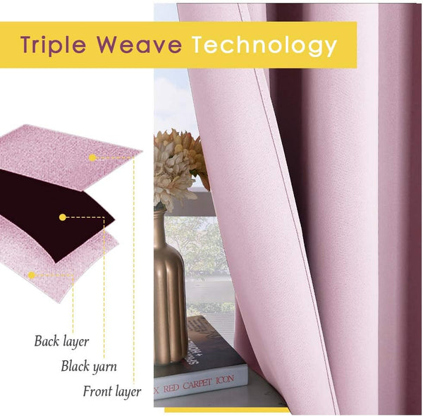 Light pink blackout curtains showcasing triple weave technology with a layered fabric diagram.