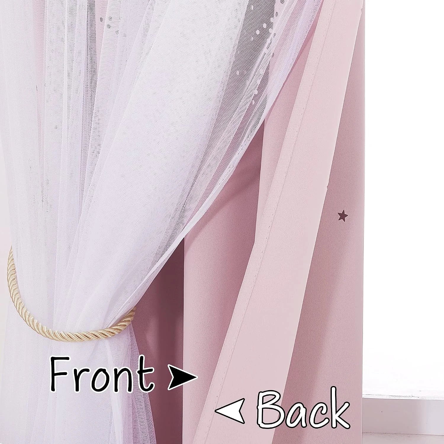 Layered pink blackout curtains with white sheer tulle front panel and tieback
