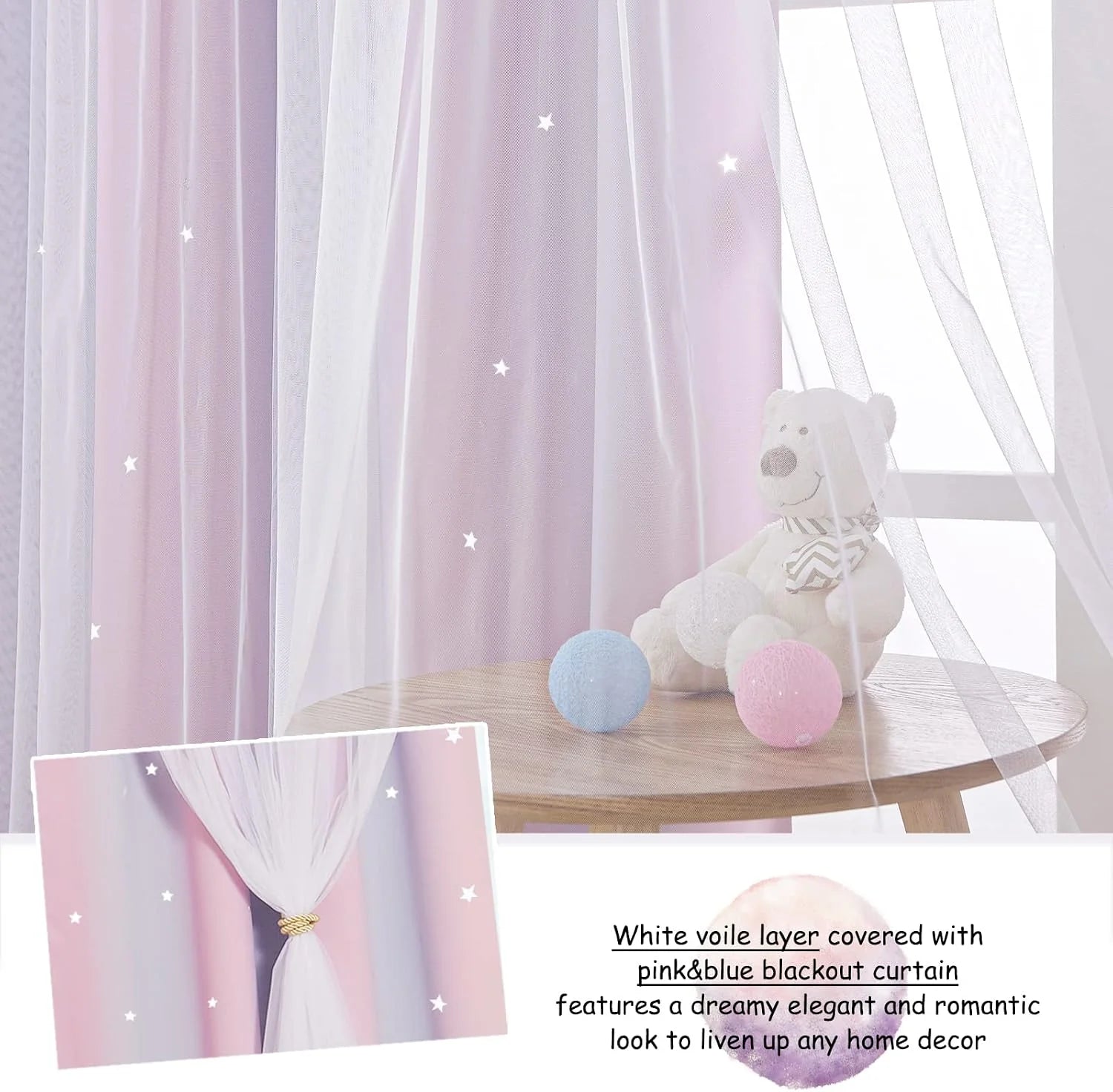 Pink and blue blackout curtains with white voile layer and star details by a nursery window