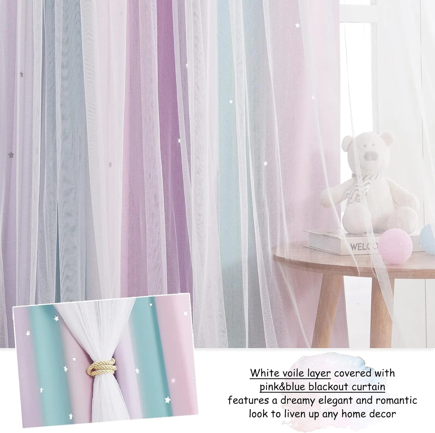 White sheer voile over pink and blue blackout curtains in a dreamy kids room