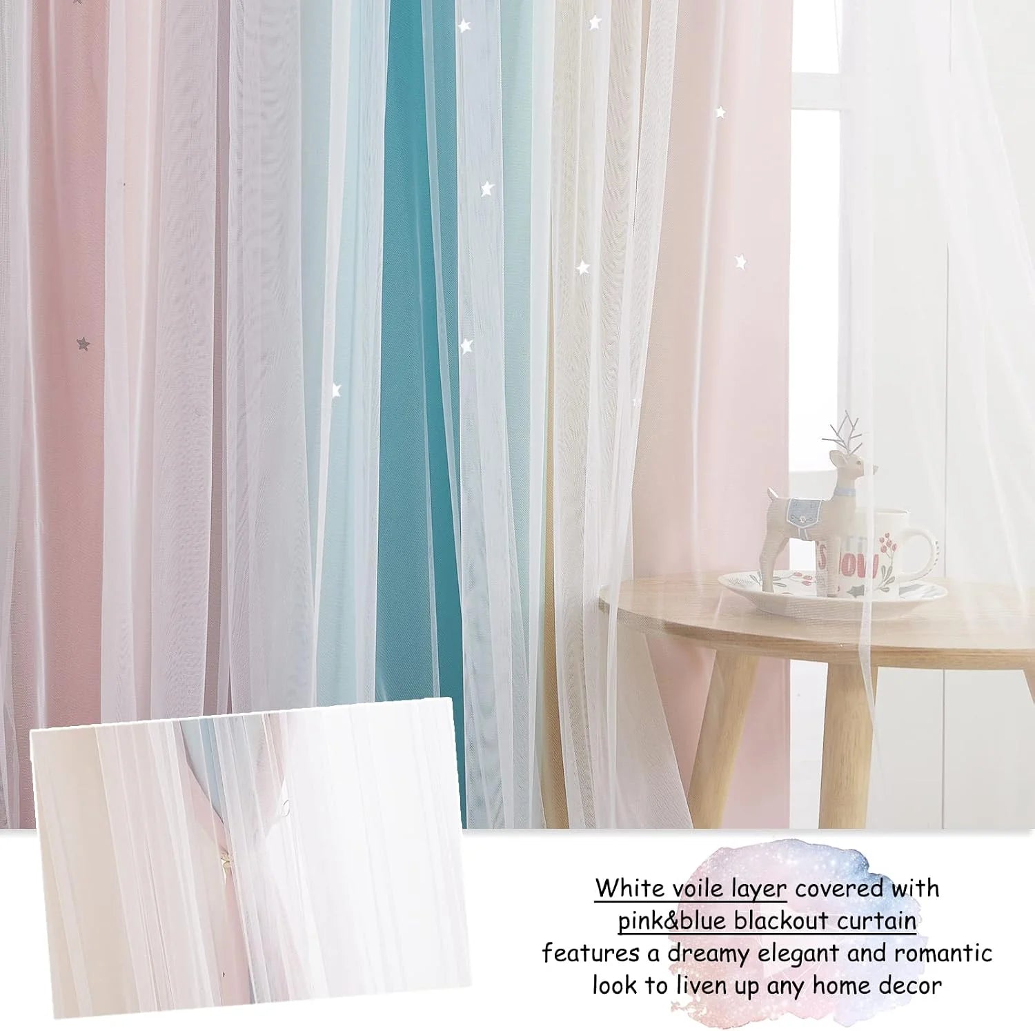 Pink and blue blackout curtains layered with white voile in a bright dreamy room
