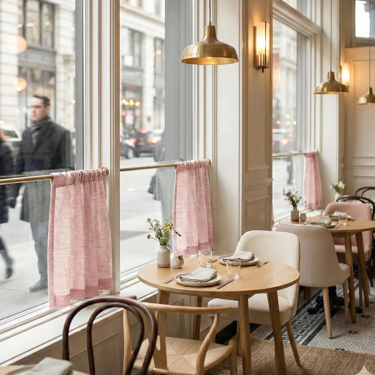 A cozy cafe interior with light pink cafe curtains, wooden tables, and cream chairs. City street visible outside.