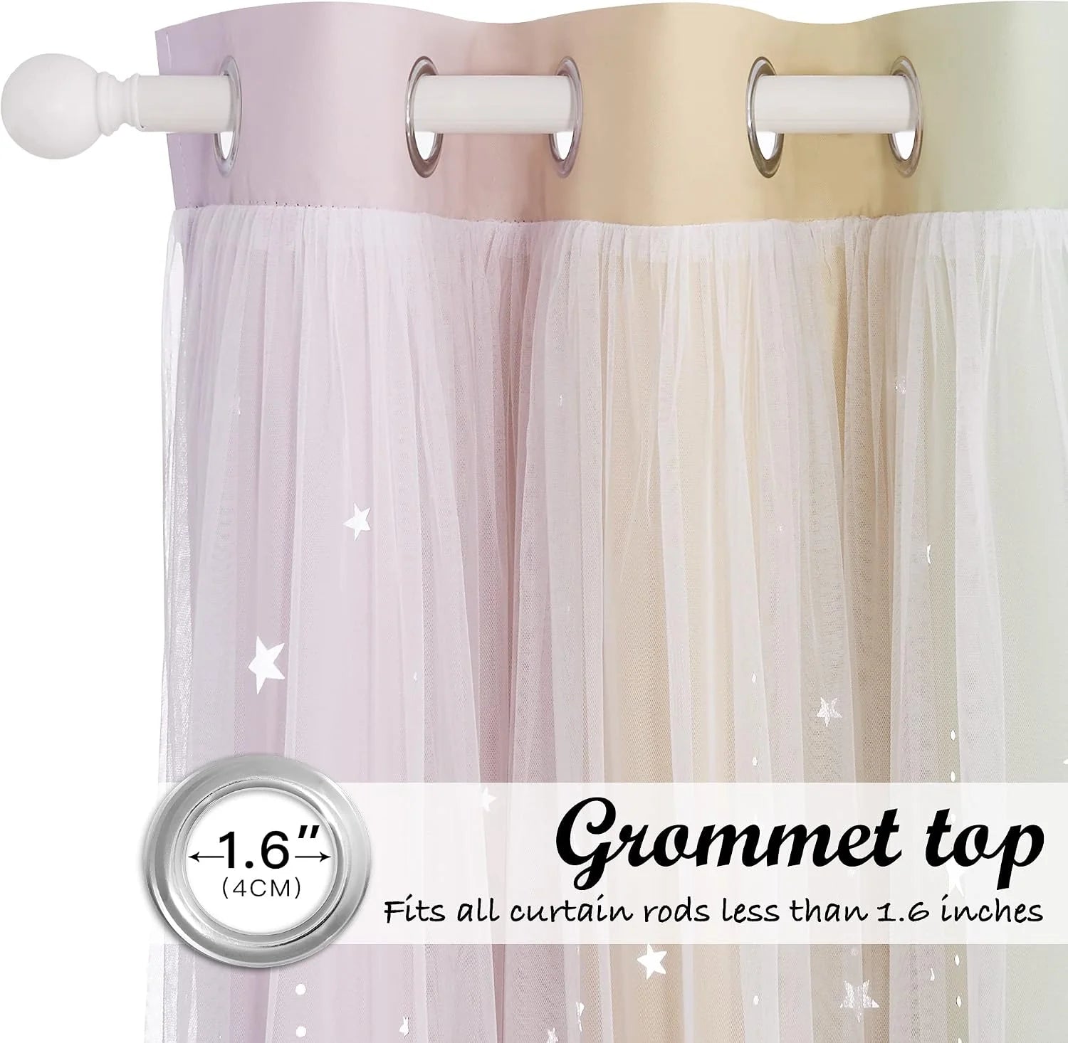 Pink and cream sheer curtain with silver grommet top and star pattern detail