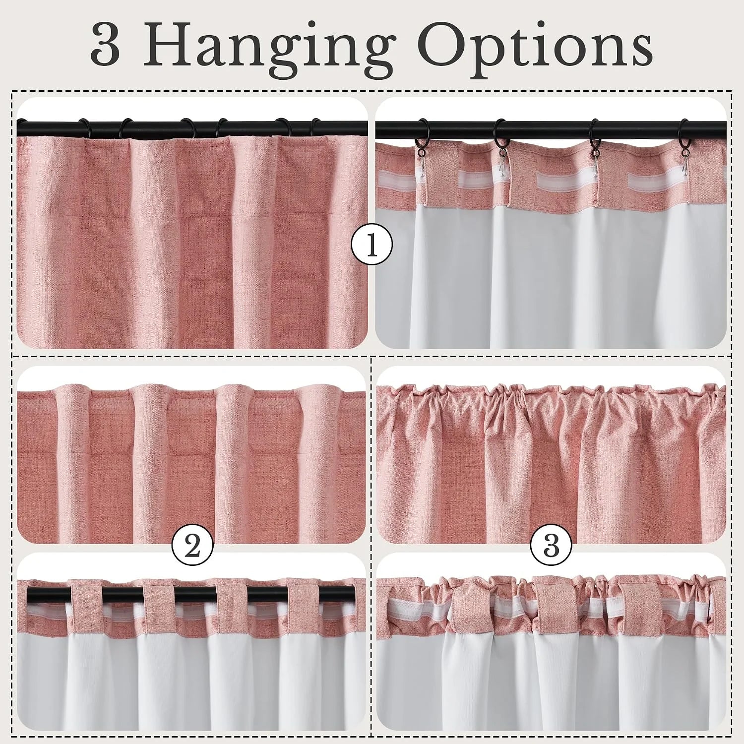 Demonstration of three different hanging styles for a pink textured curtain, including ring, back tab, and rod pocket.