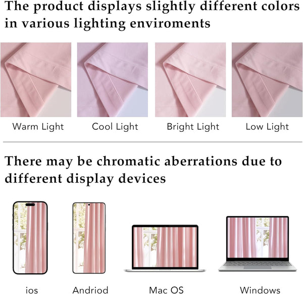 Pink curtain fabric samples displaying color shifts under varied lighting and on digital screens.