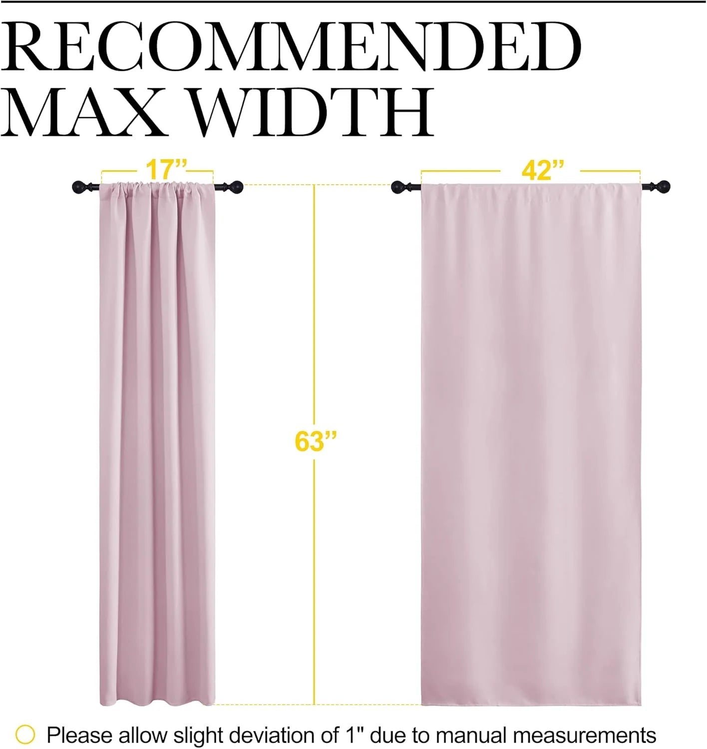 Pink curtain size guide showing two panels with recommended maximum widths