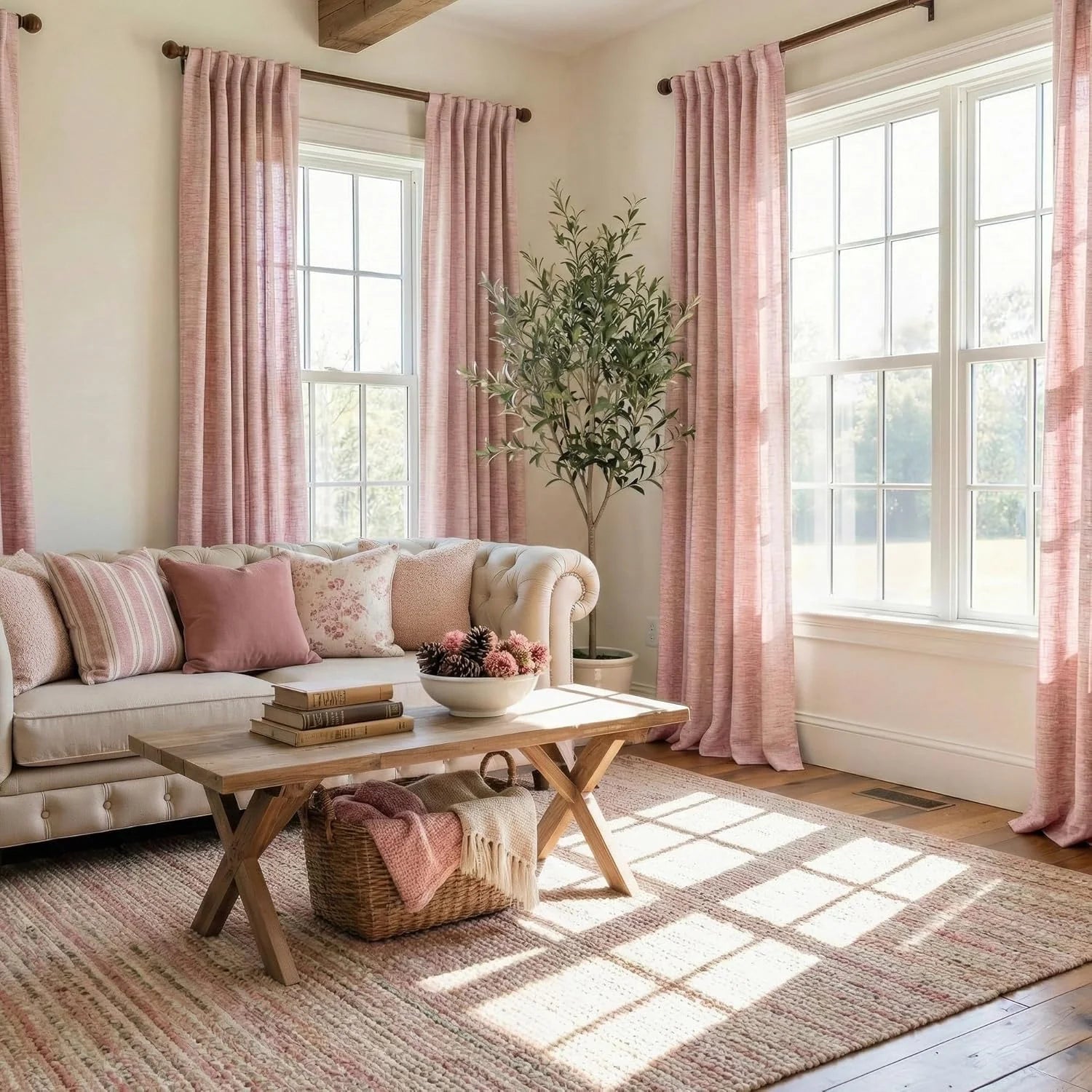 Blush pink linen curtains in a bright farmhouse living room with cream sofa