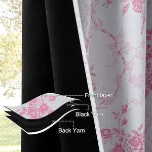 White blackout curtain with elegant pink floral pattern, revealing its layered black yarn construction.