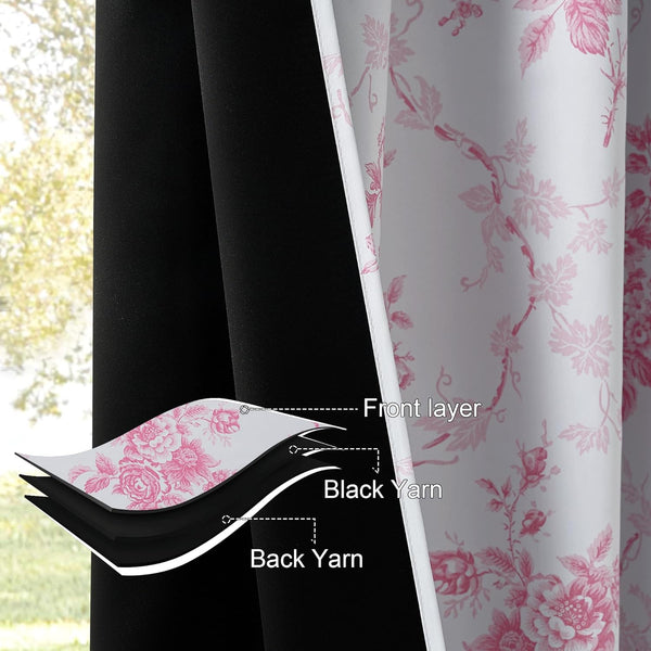White blackout curtain with elegant pink floral pattern, revealing its layered black yarn construction.