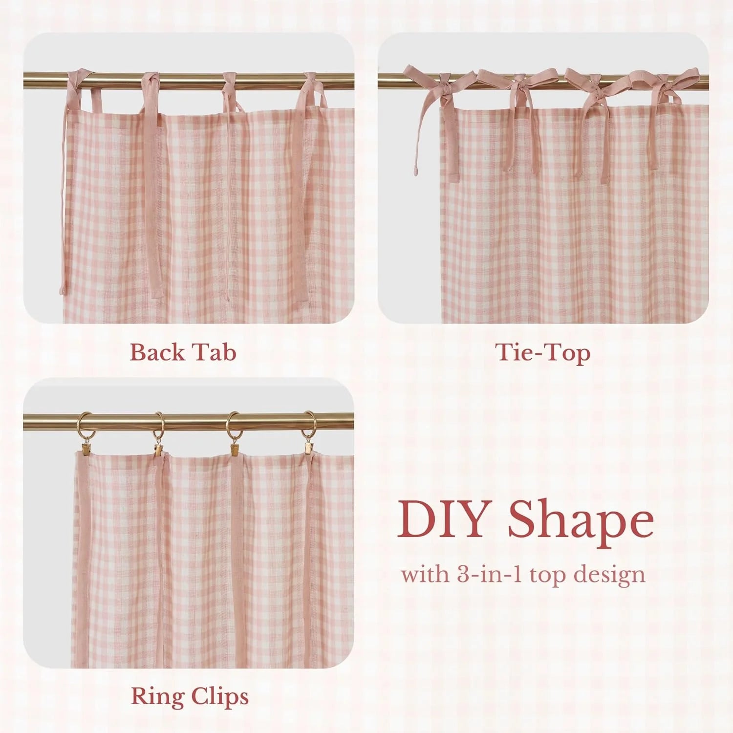 Pink gingham curtains: back tab, tie-top, and ring clip hanging styles on a gold rod.