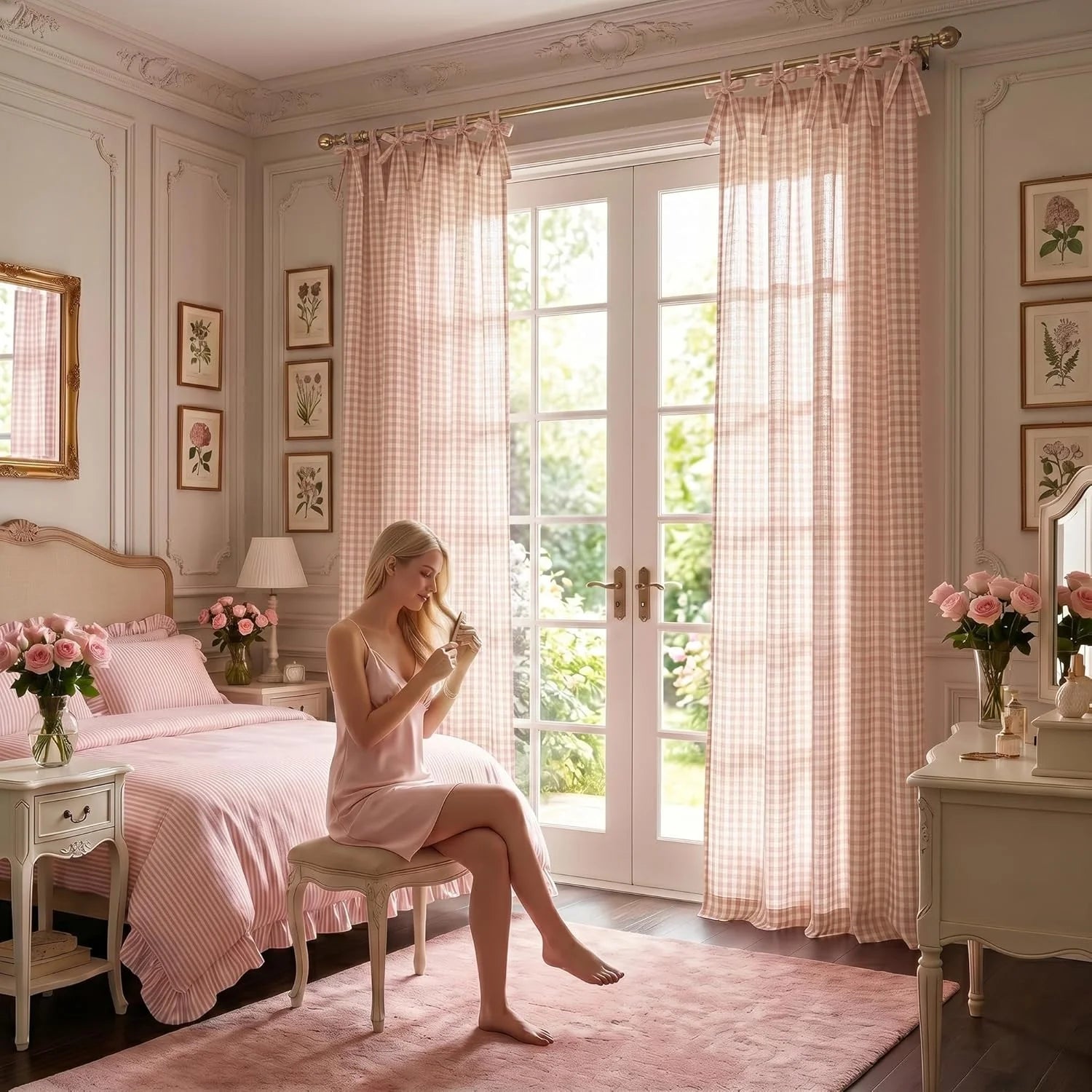 Blonde woman in a serene, pink-themed bedroom with pink gingham tie-top curtains, striped bedding, and plush rug.