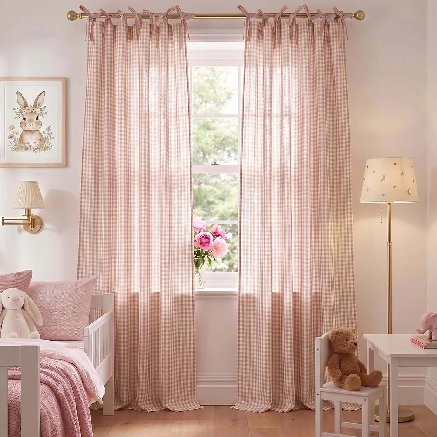 Pink gingham tie-top curtains in a whimsical child's bedroom