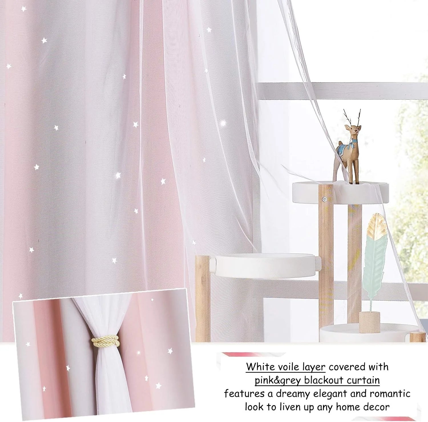 Pink and gray blackout curtains with white star sheer voile by a bright window