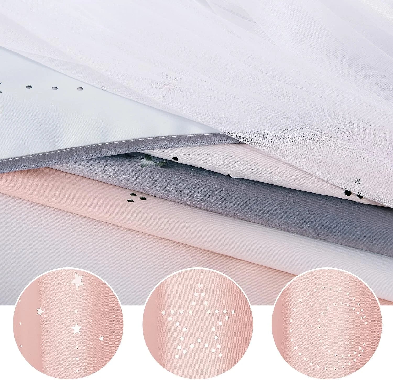 Layered pink, gray, and white curtain fabrics with sheer tulle and cutout star patterns