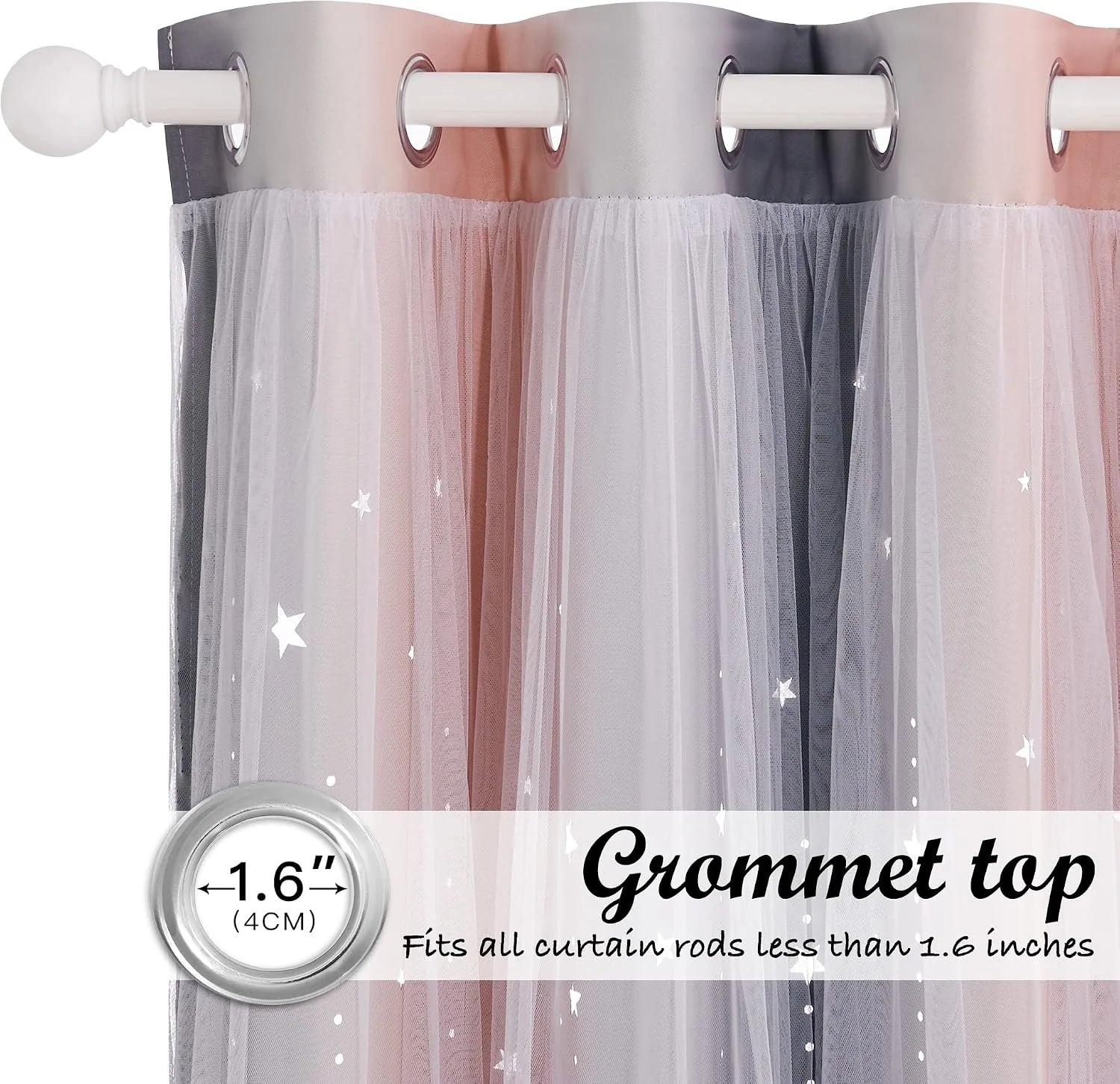 Pink and gray star-print sheer tulle curtains with silver grommet top on white rod