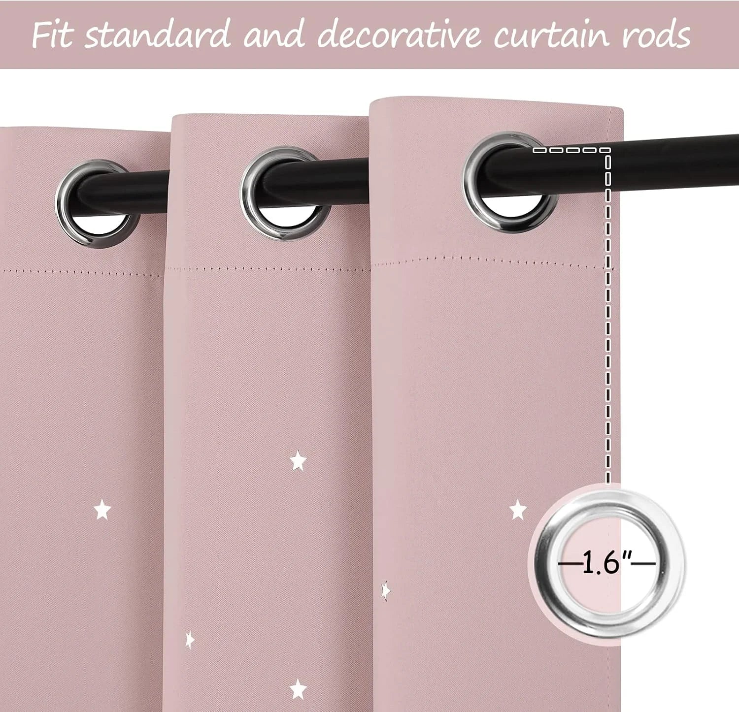 Pink curtain panel with silver grommets and white star print on black rod