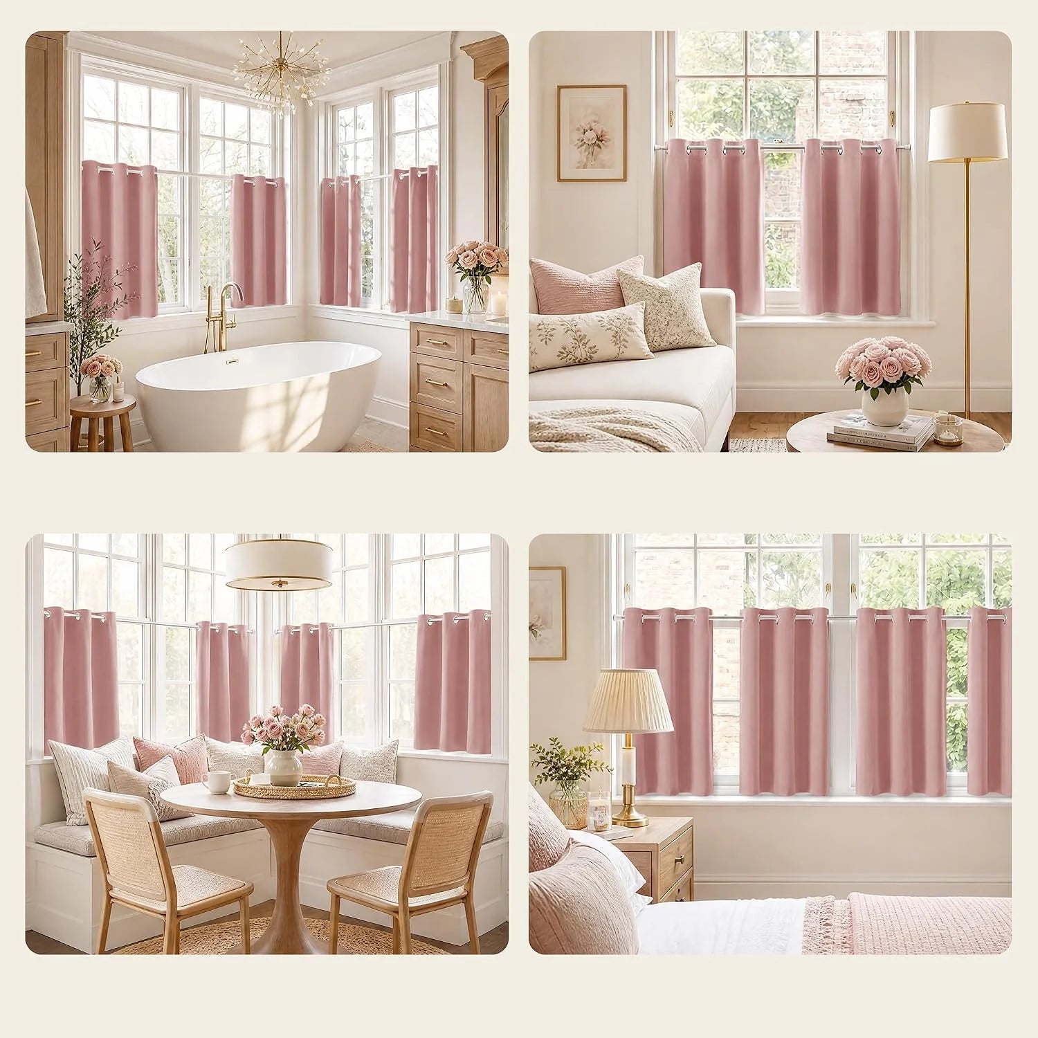 Dusty pink grommet-top cafe curtains styled across modern bathroom, living, dining, and bedroom windows.