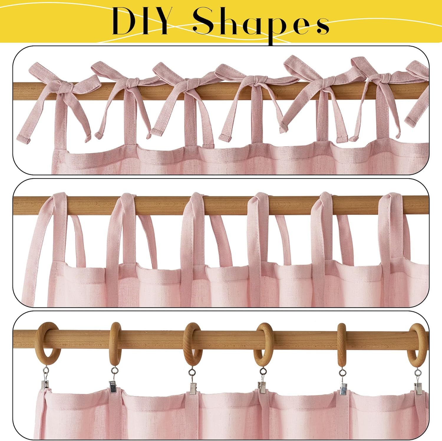 Light pink linen curtains showcasing tie-top, tab-top, and clip ring hanging styles on a wooden rod.