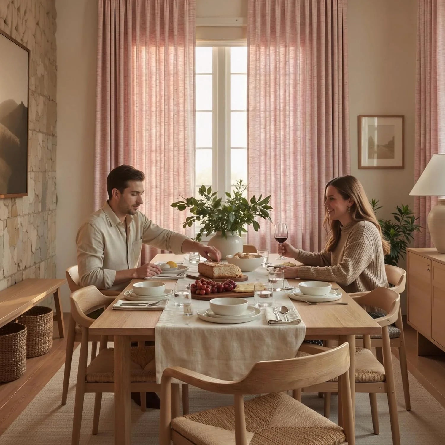 Couple dining in modern room with pink linen pleated curtains