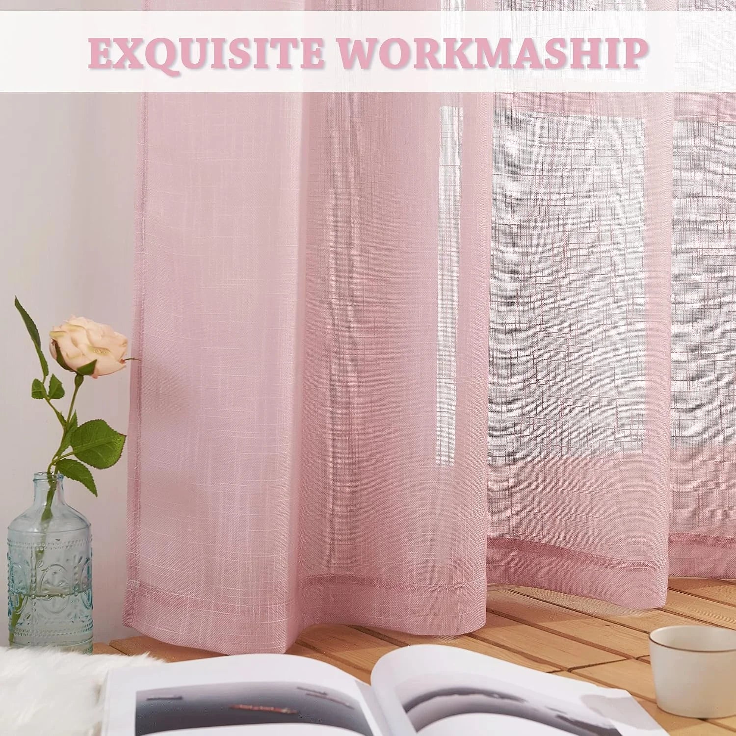 Pink sheer linen-look curtain panel by a bright window with vase and rose
