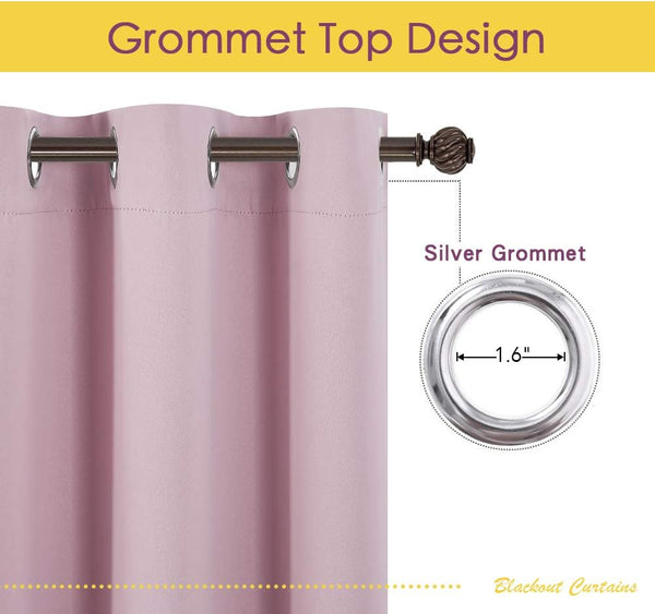 Close-up of pink mauve blackout curtain with silver 1.6-inch grommet top on a dark rod.