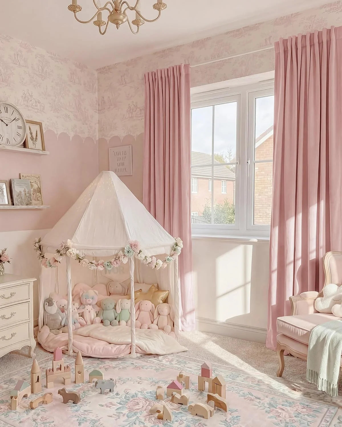 Soft pink pleated curtains in a pastel nursery with canopy tent and floral rug