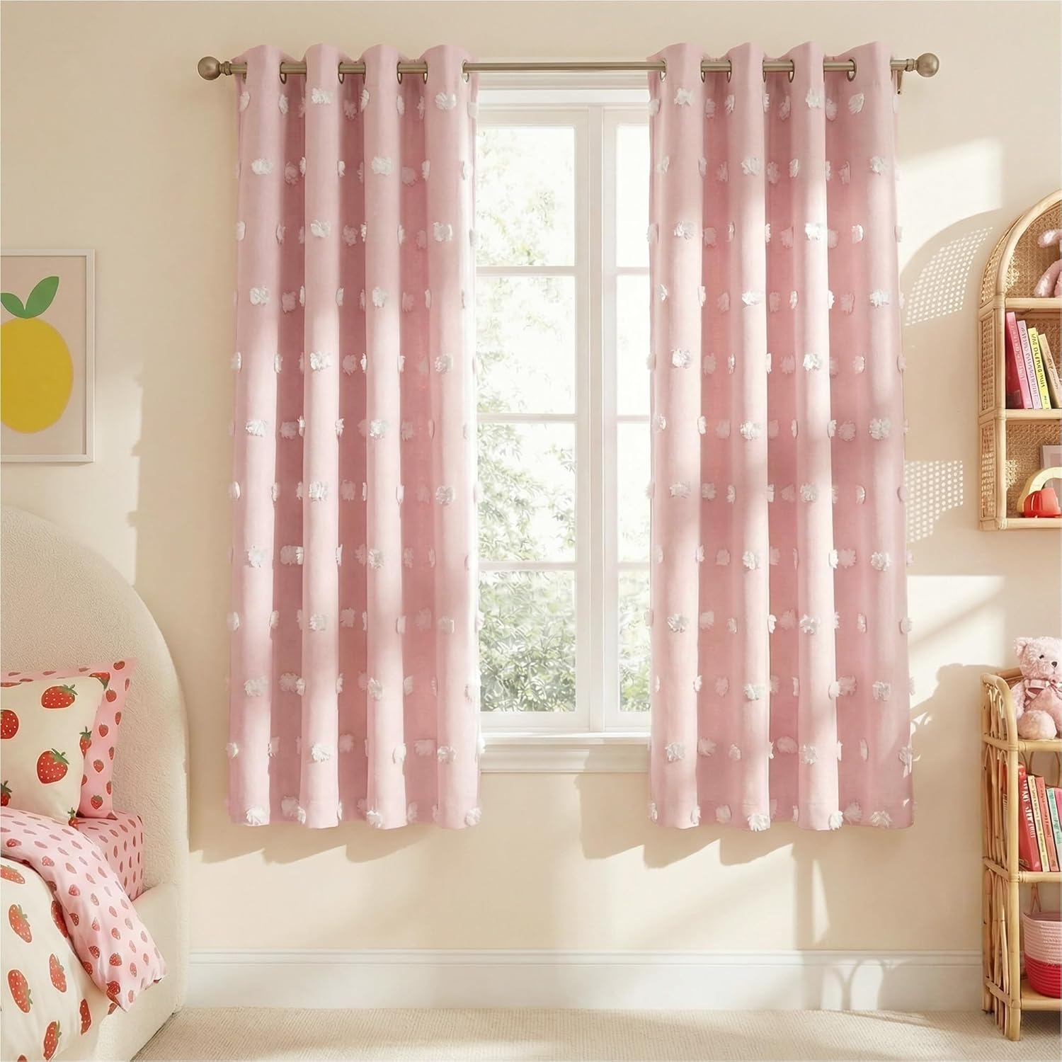 Light pink curtains with white fluffy pom-poms and grommet tops, hanging in a child's bedroom.