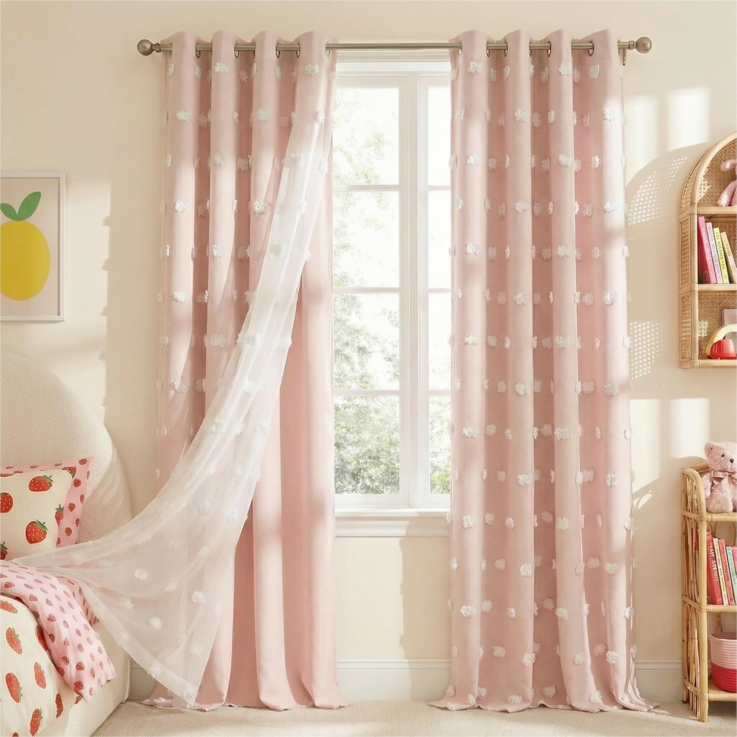 Light pink grommet curtains with white pom-pom texture, layered over a flowing sheer white panel in a bright room.