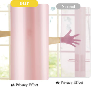 Opaque pink privacy curtain on left hides hand; sheer pink curtain on right reveals hand.