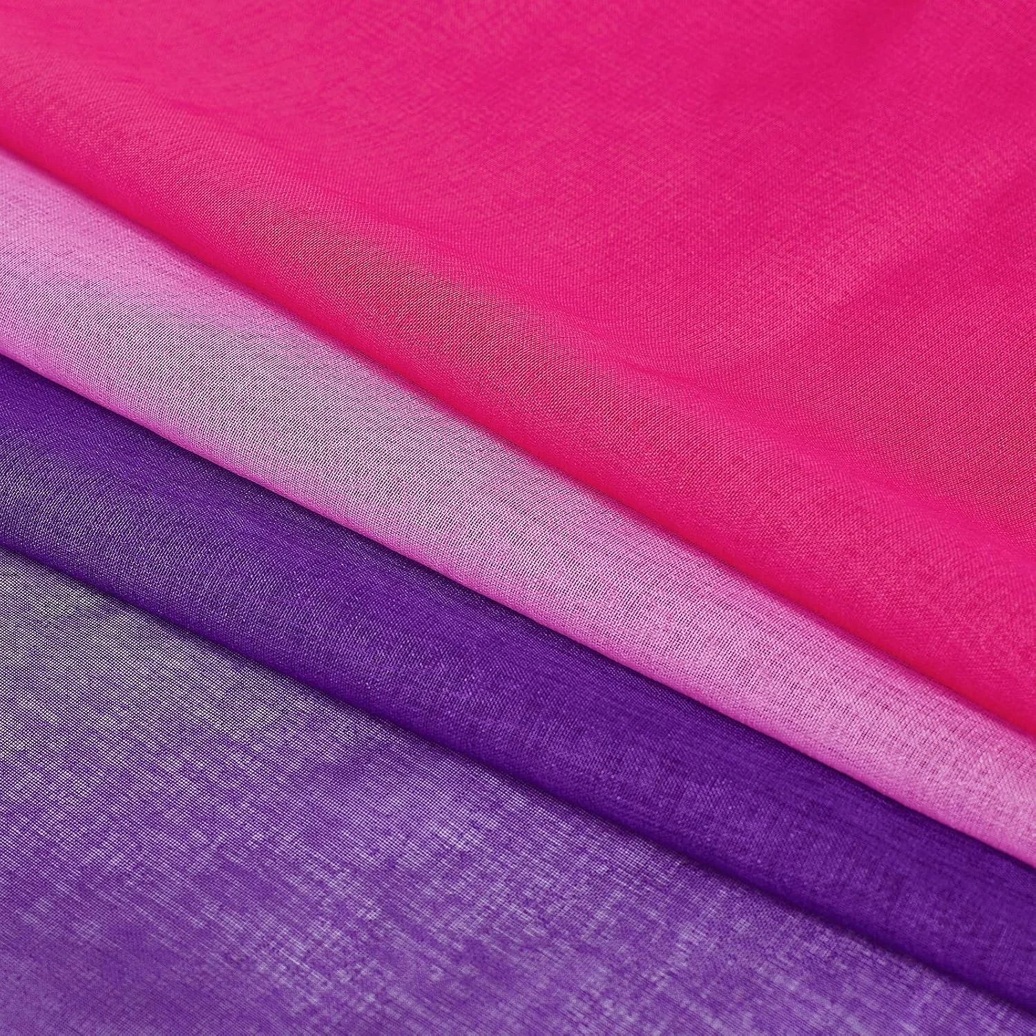 Layered sheer fabric swatches in bright pink, lilac, and purple tones