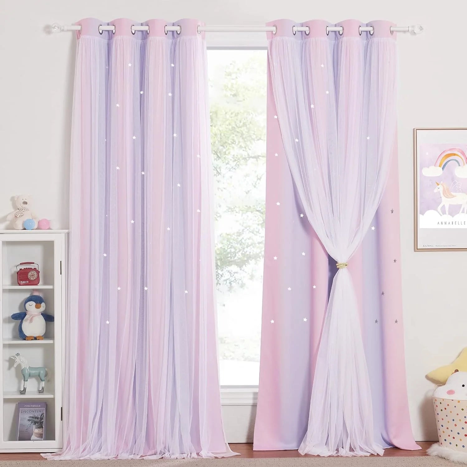 Pink and lavender kids curtains with sheer overlay and star details in bedroom