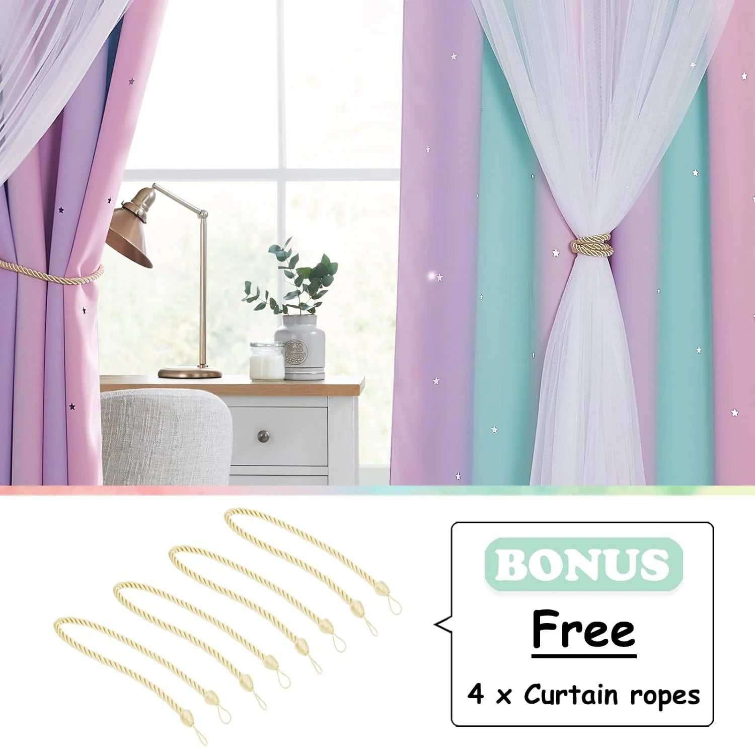 Pink and purple kids curtains with white sheer overlay and gold rope tiebacks