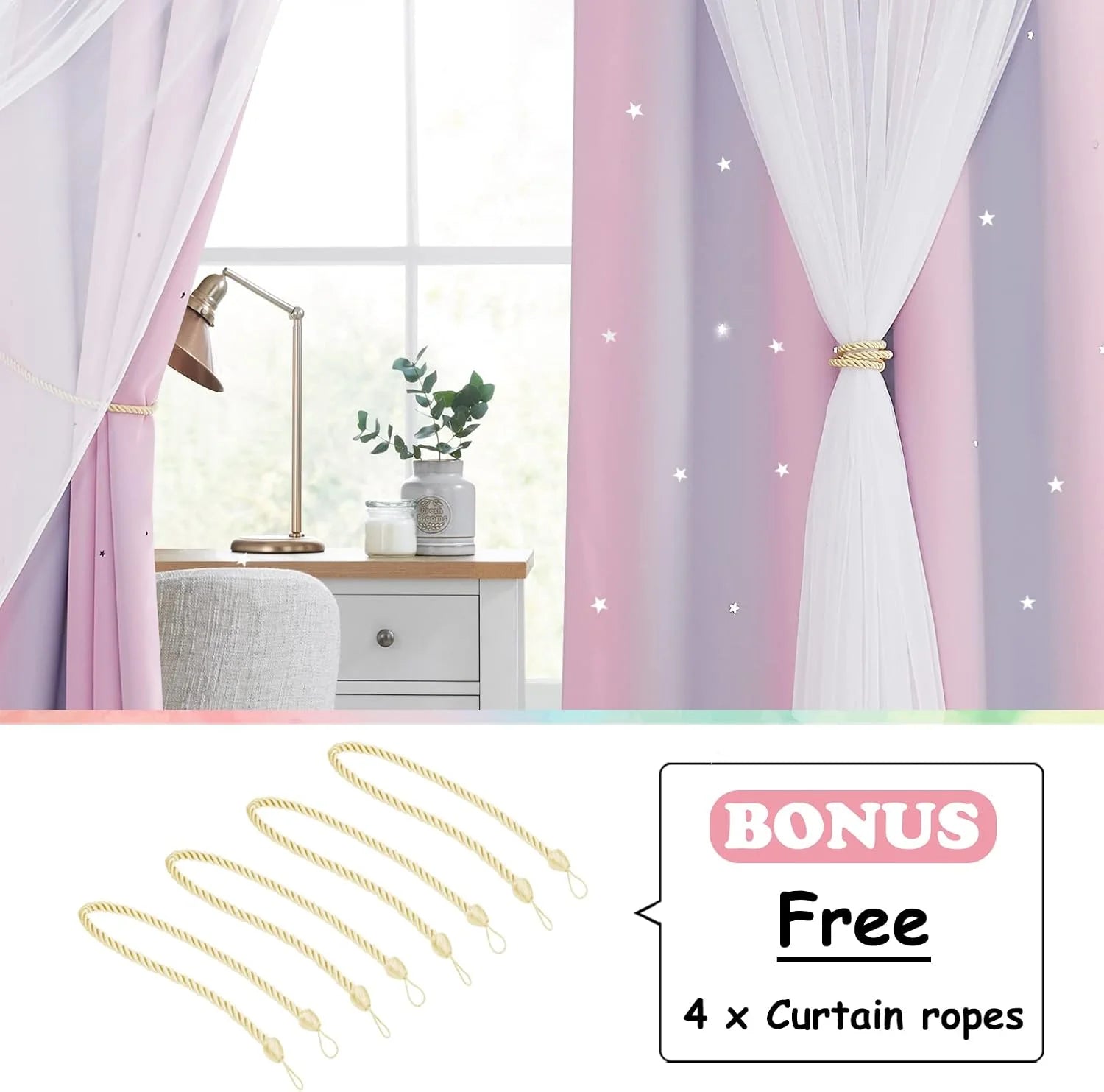 Pink and purple star sheer curtains tied back in a bright kids bedroom window