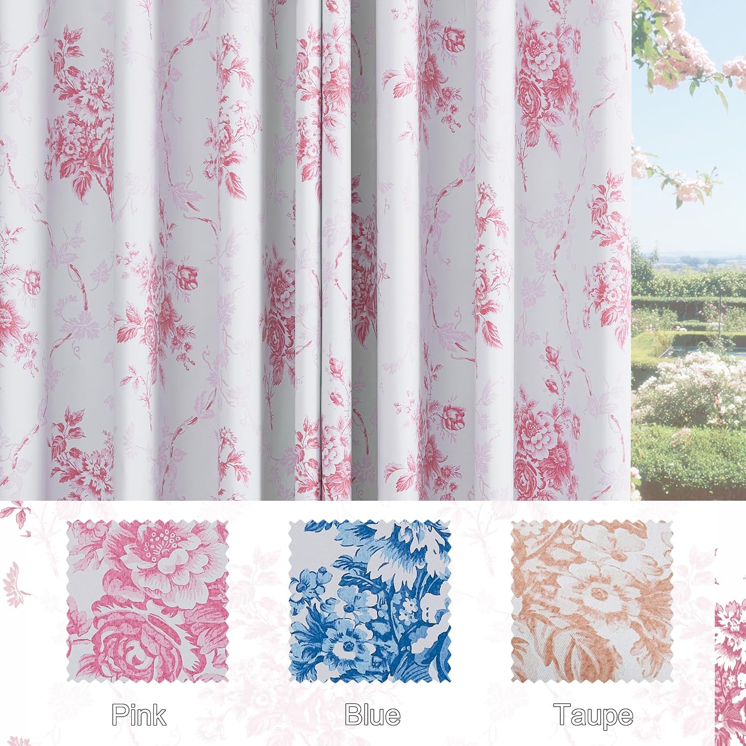 White window curtain panel with romantic pink and red floral toile pattern, overlooking a sunny garden.