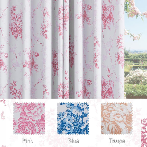 White window curtain panel with romantic pink and red floral toile pattern, overlooking a sunny garden.
