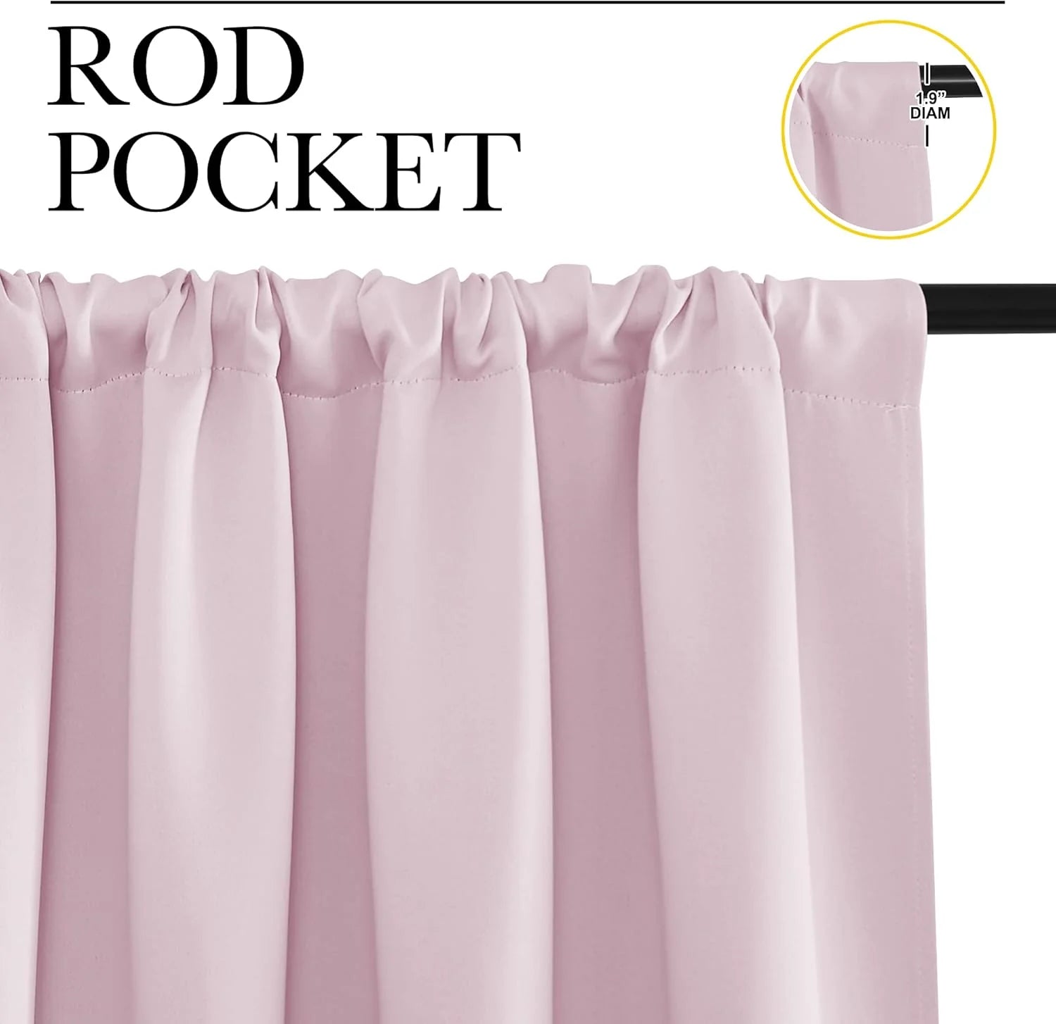 Close-up of a soft pink rod pocket curtain panel draped on a black rod