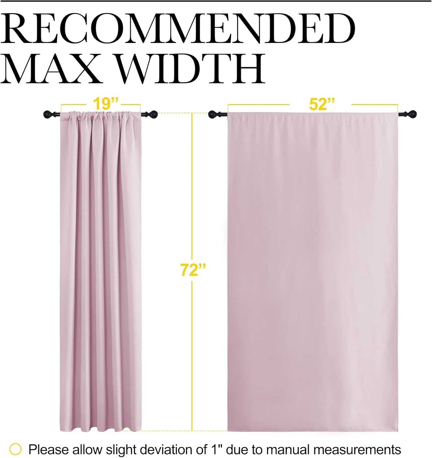 Pink rod pocket curtain panel size guide showing 19 to 52 inch width and 72 inch length