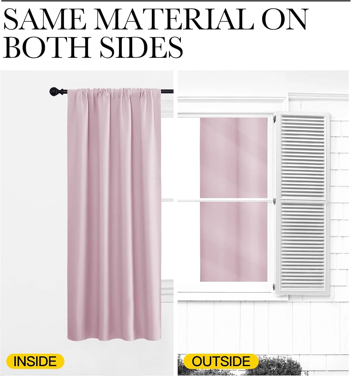 Blush pink curtain panel shown inside and outside, with same material on both sides
