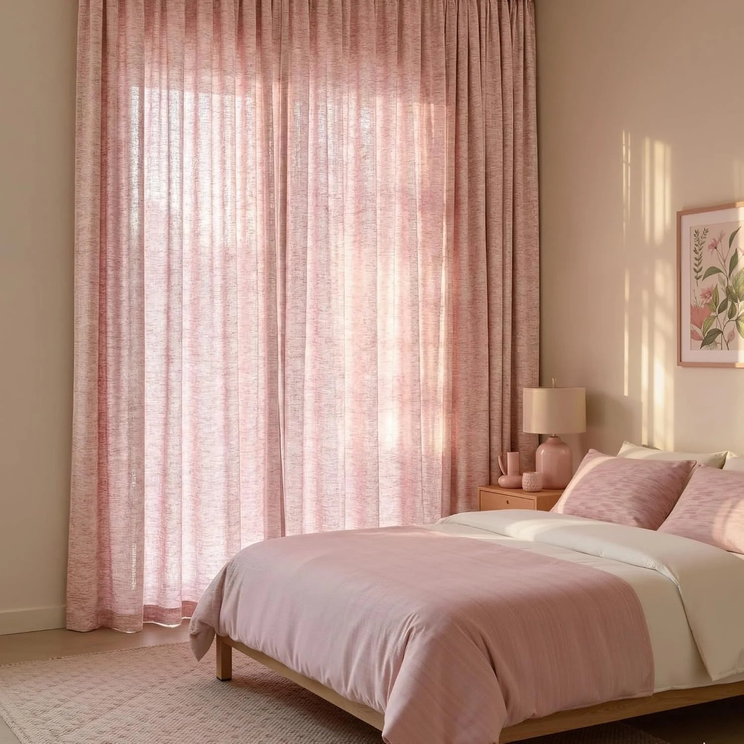 Blush pink sheer curtains and matching bedding in a sunlit modern bedroom with wooden furniture.