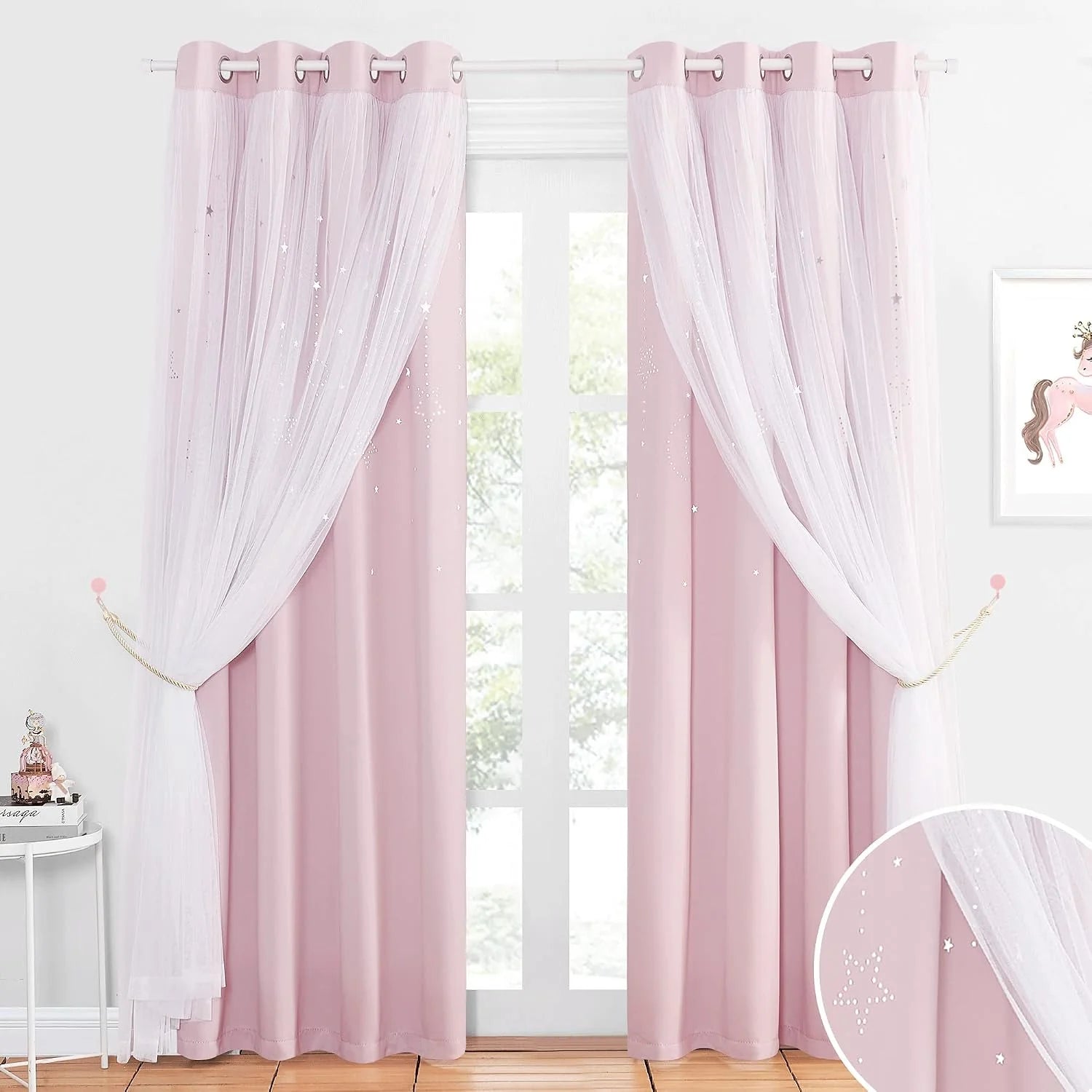 Pink layered kids curtains with white sheer overlay and star details on grommet rod