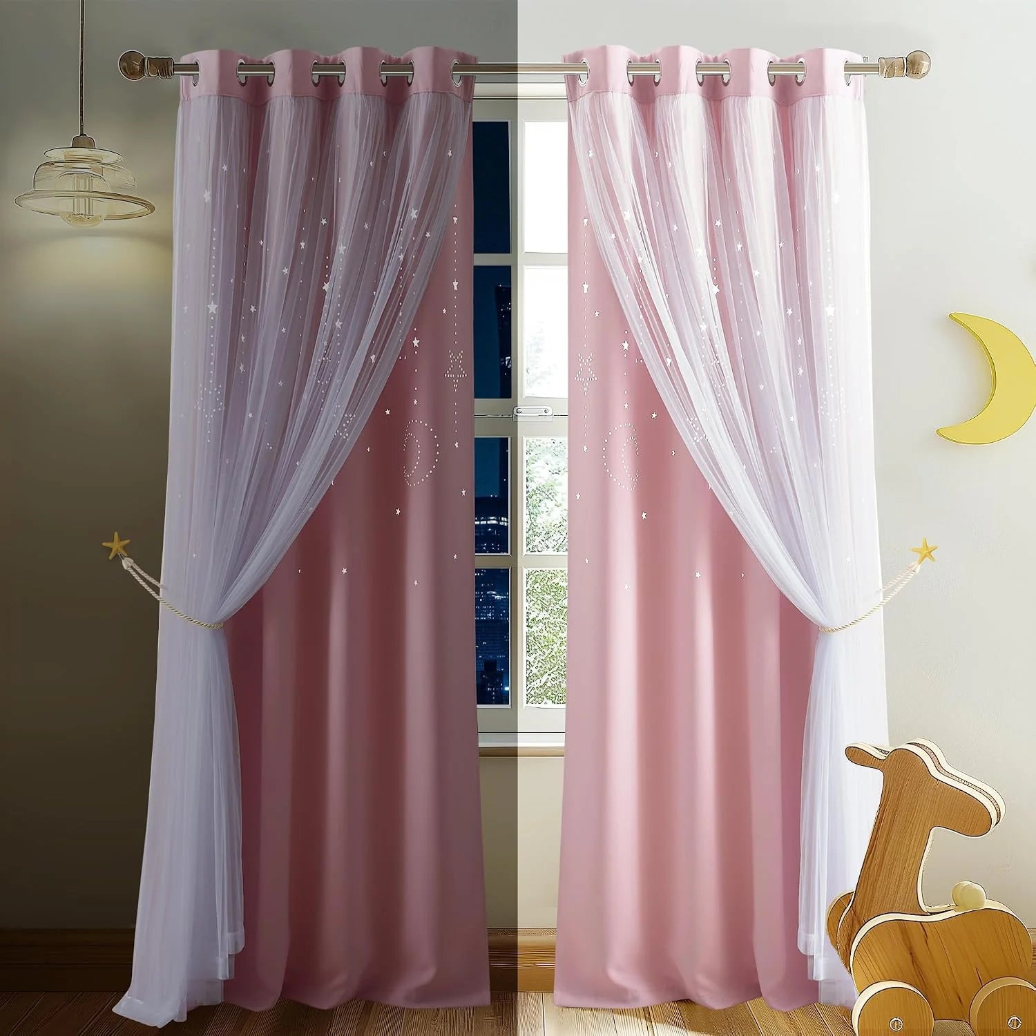 Pink kids room curtains with white sheer overlay, star print, and grommet top