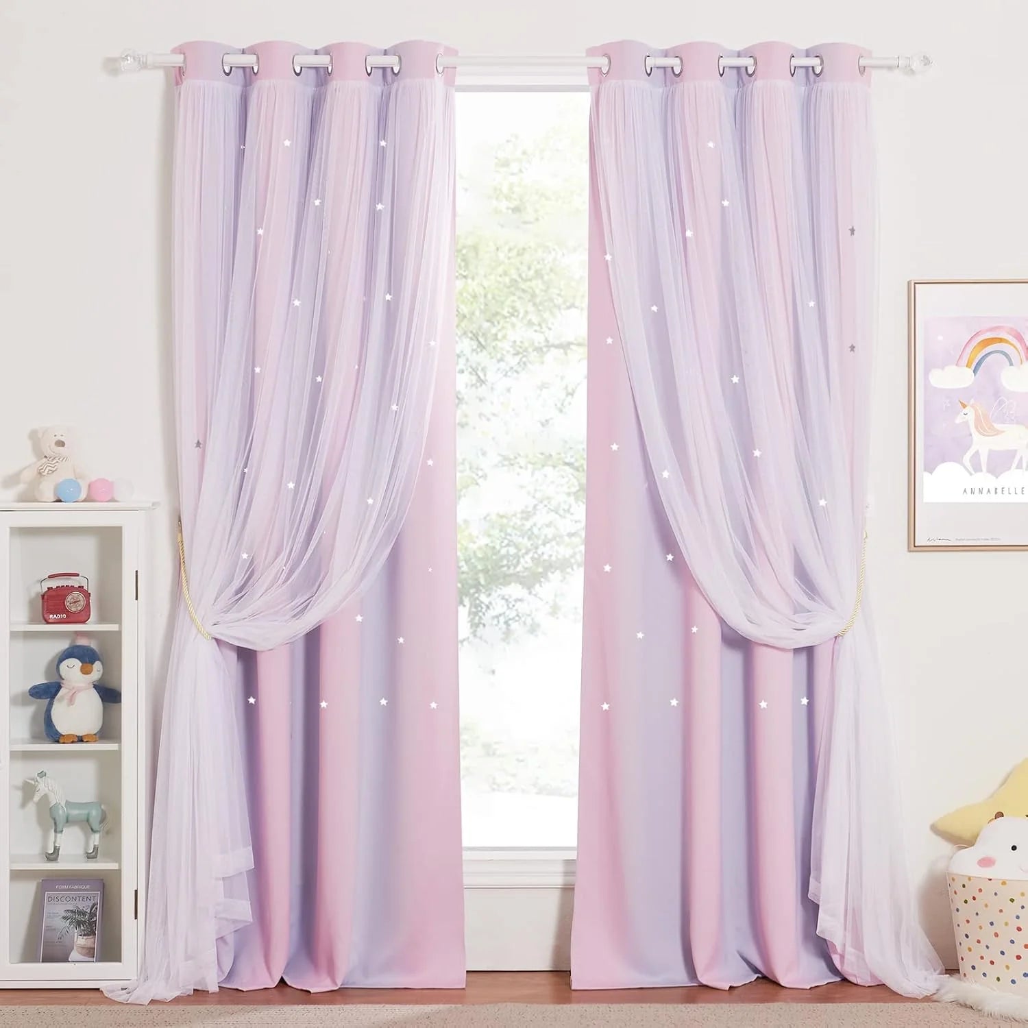 Pink kids room curtains with sheer draped overlay and small star details