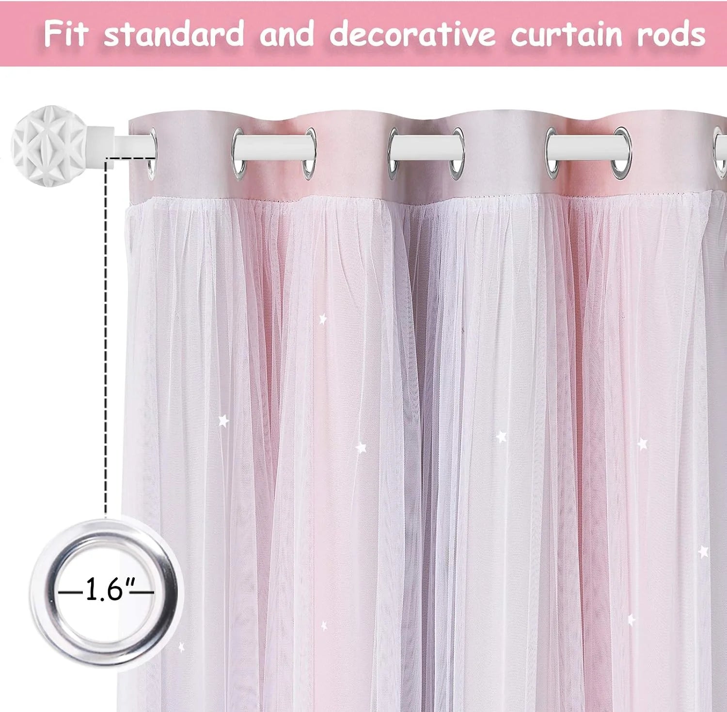 Pink sheer tulle curtain with silver grommets shown on a white curtain rod