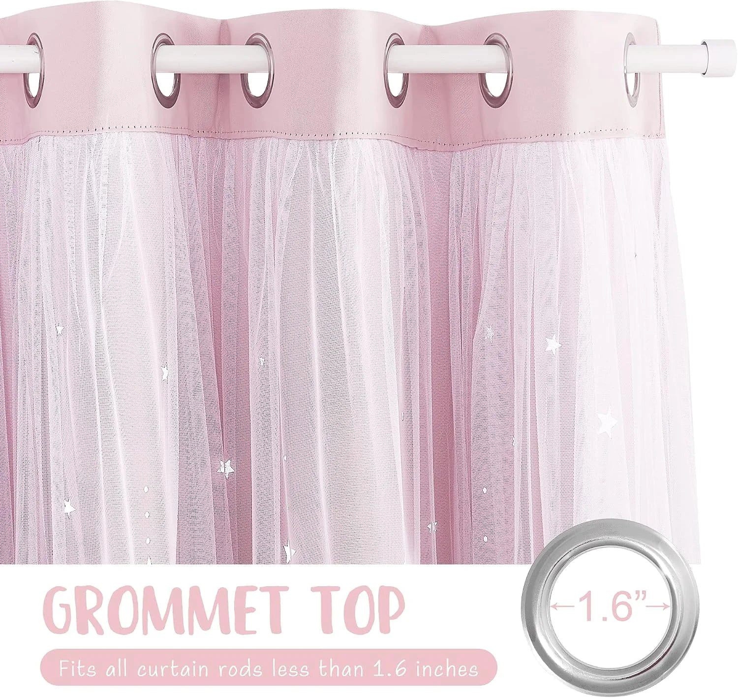Pink sheer tulle curtain panel with silver grommet top and subtle star details