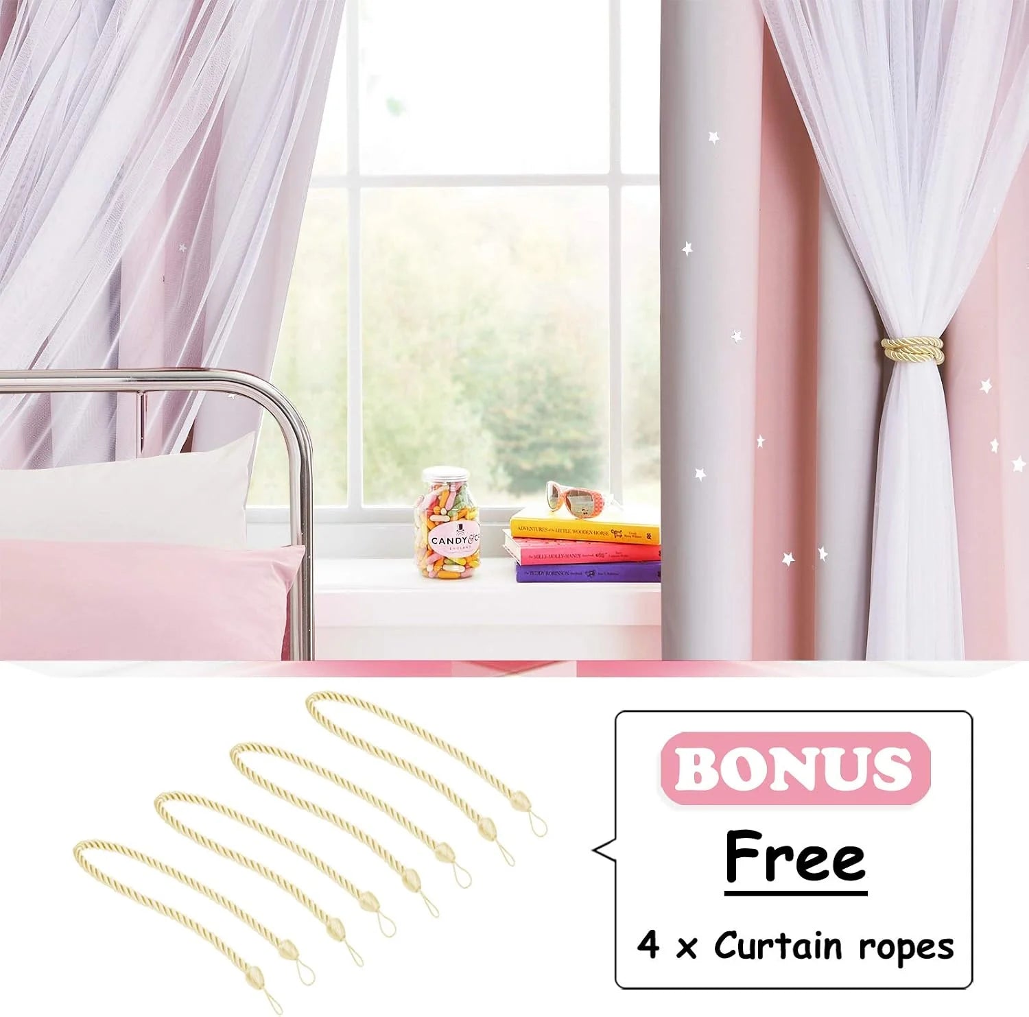 Pink star blackout curtains with white sheer panels and gold rope tiebacks in bedroom