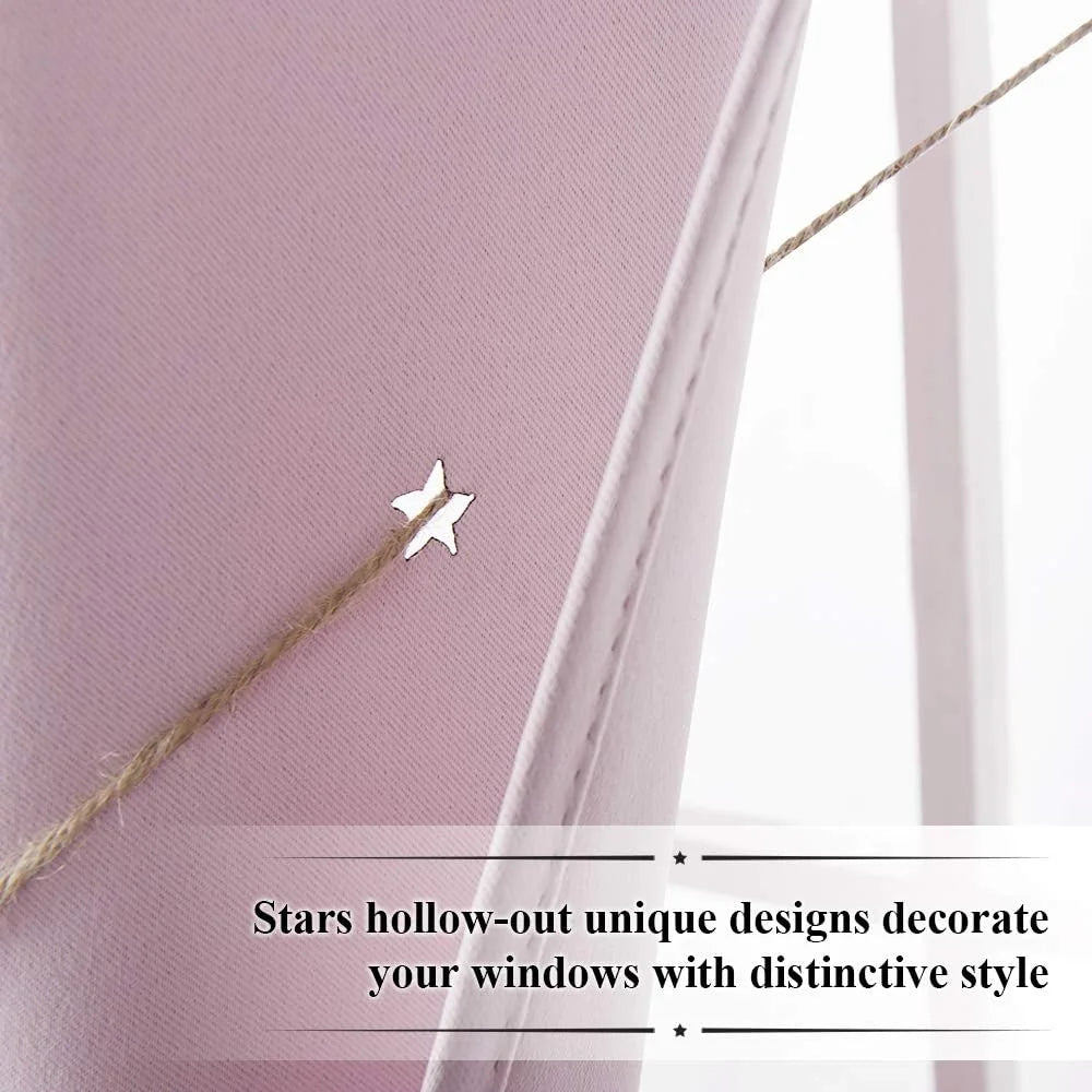 Close-up of pink window curtain with star hollow cutout detail and rope tieback