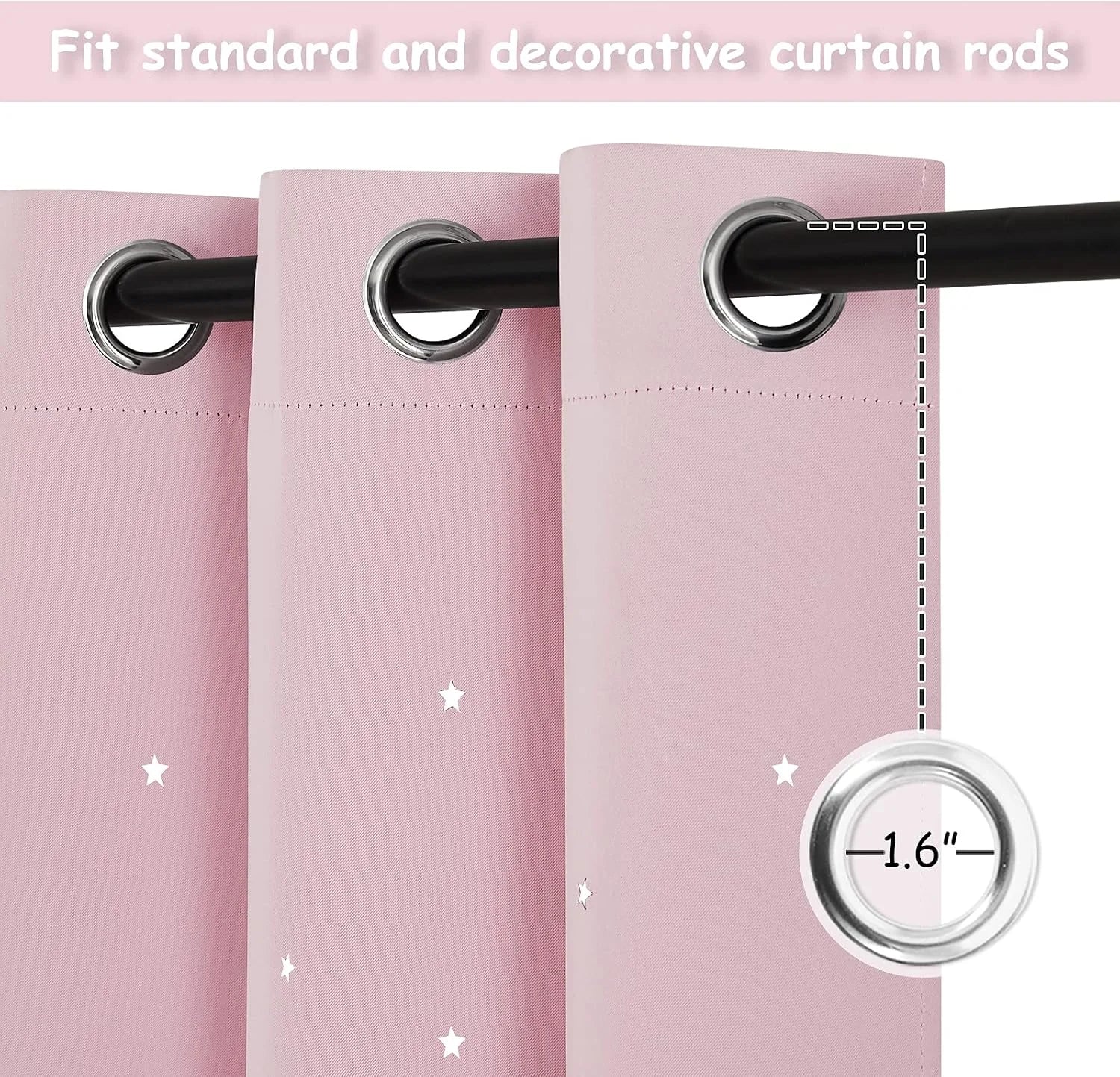 Pink curtain panel with silver grommets and white stars on a black curtain rod