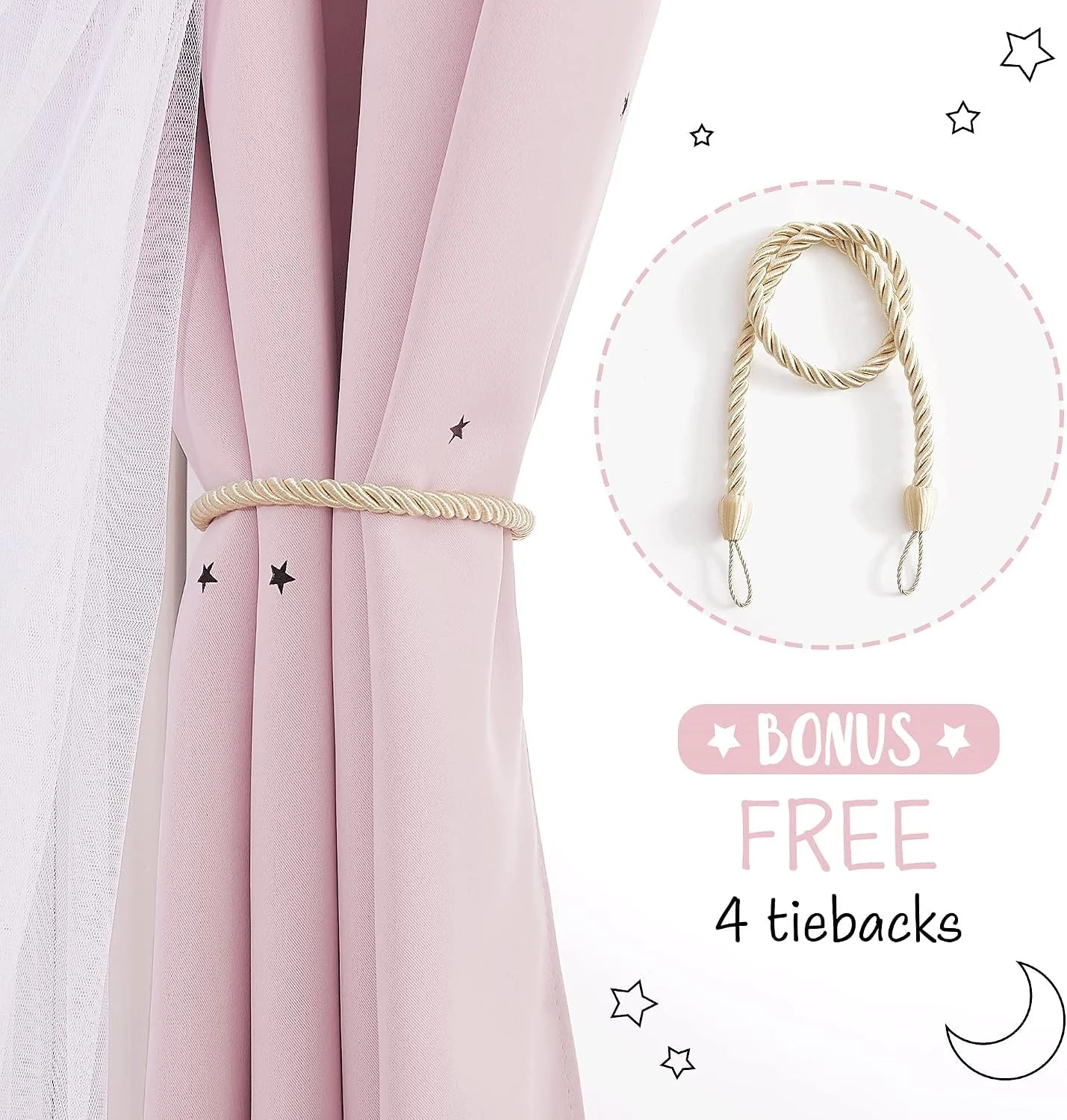 Pink kids curtain with black stars and cream rope tieback beside white sheer panel